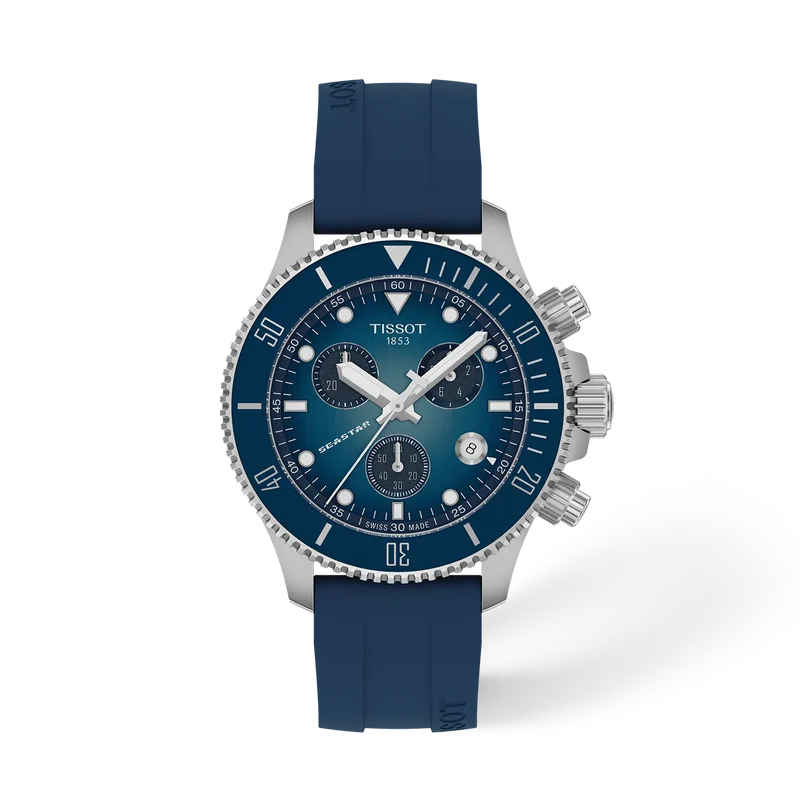 Tissot T1202171704100 Seastar 1000 Quartz Chronograph (38mm) Graded Blue Dial  Blue Silicone Strap Men's Watch