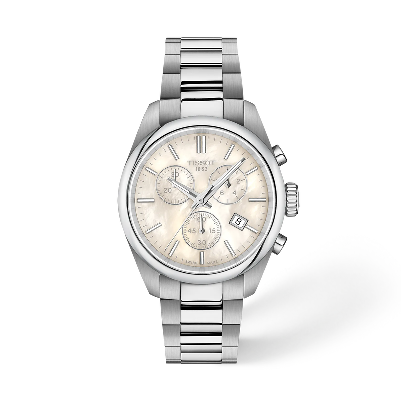 Tissot T1502171111100 PR 100 Quartz Chronograph (36mm) White Mother of Pearl Dial Stainless Steel Bracelet Women’s Watch