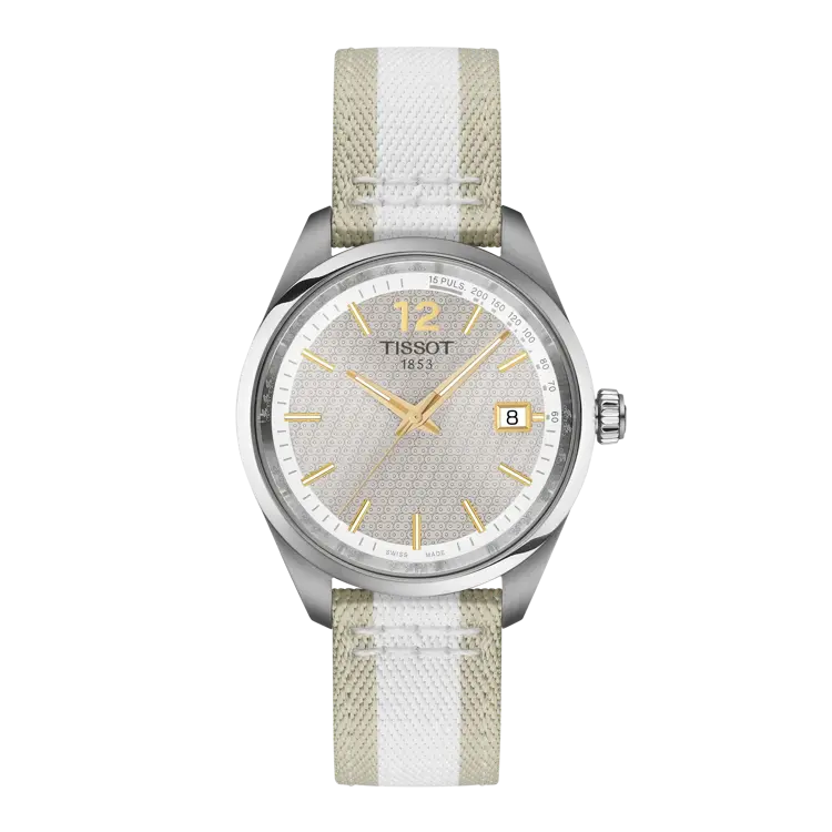 Tissot T1504101703700 PR 100 Cycling Quartz (40mm) Patterned Grey Dial  White & Beige Textile Strap Men's Watch