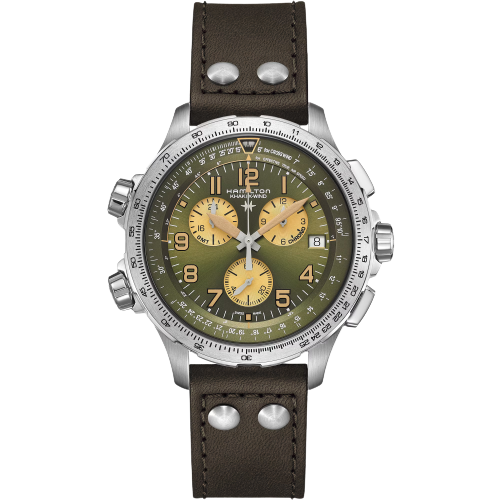 Hamilton H77932560  Khaki Aviation X Wind GMT Chronograph Quartz Green Dial  Leather Strap Men's Watch
