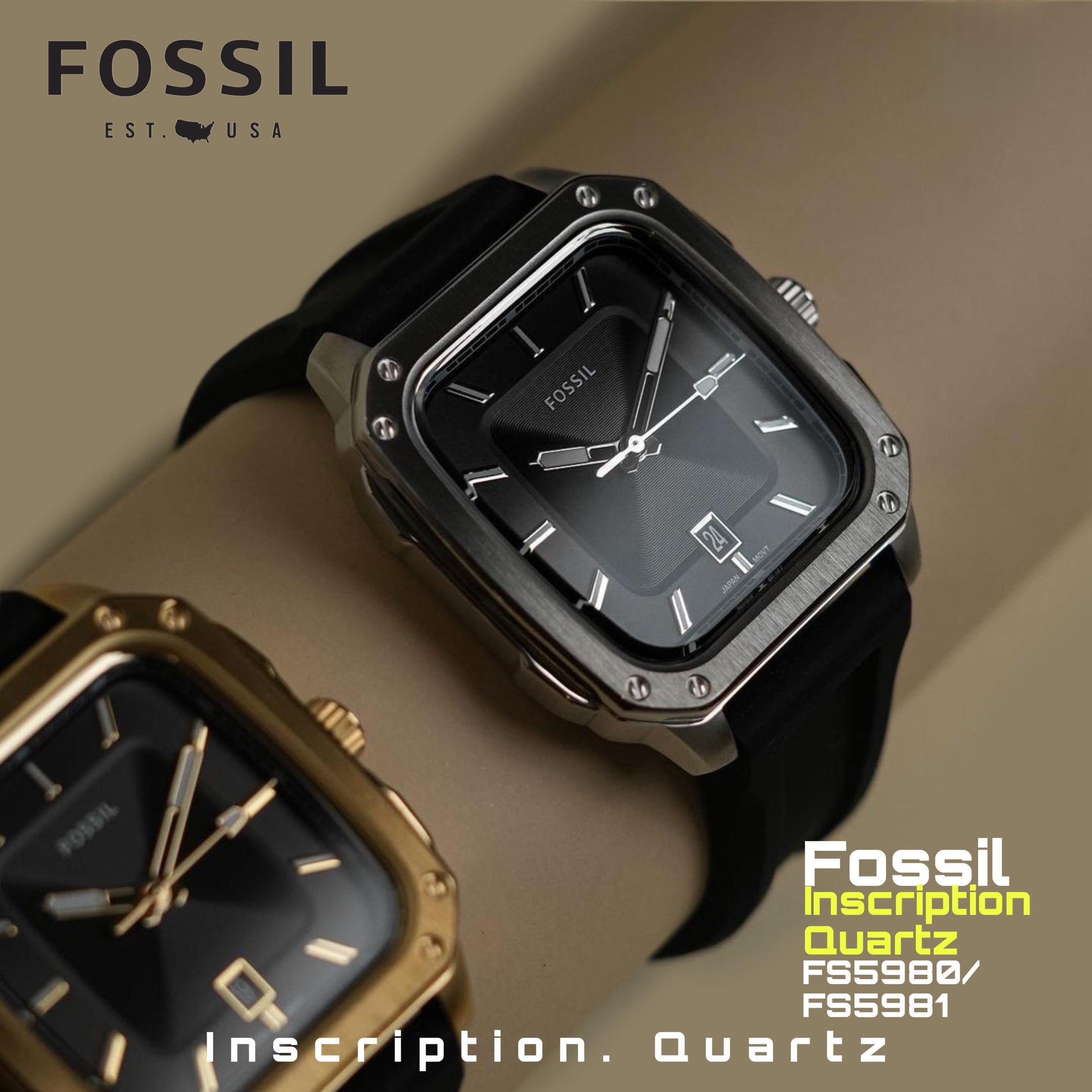 Fossil Inscription | Black – | FS5980 Strap Wa Dial mzwatcheslk Men\'s Black Silicone
