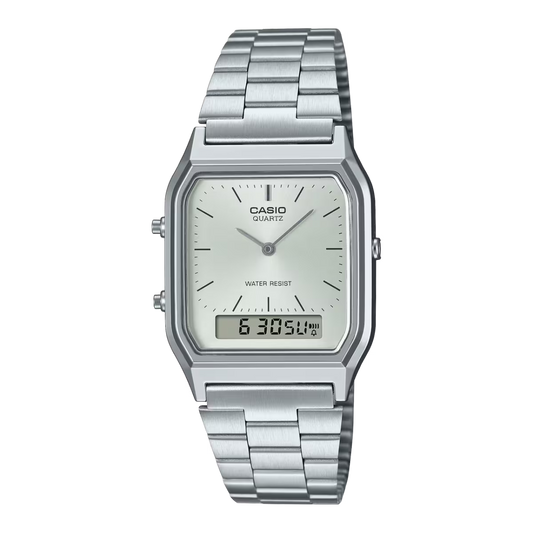 Casio AQ-230A-7AMQYES Dual Time Display Vintage Dual Display 30mm Silver Dial Stainless Steel Men & Women Watches
