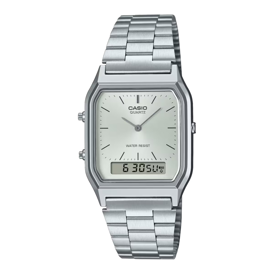 Casio AQ-230A-7AMQYES Dual Time Display Vintage Dual Display 30mm Silver Dial Stainless Steel Men & Women Watches