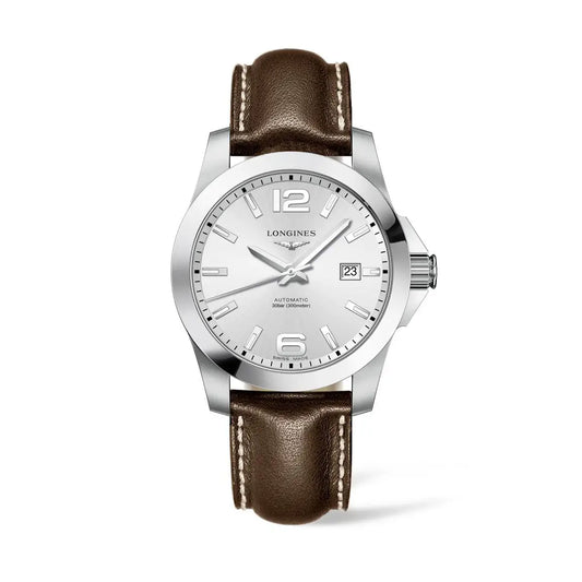 LONGINES L37774765 Conquest Automatic 41mm Silver Dial Brown Leather Men's Watch - mzwatcheslk srilanka