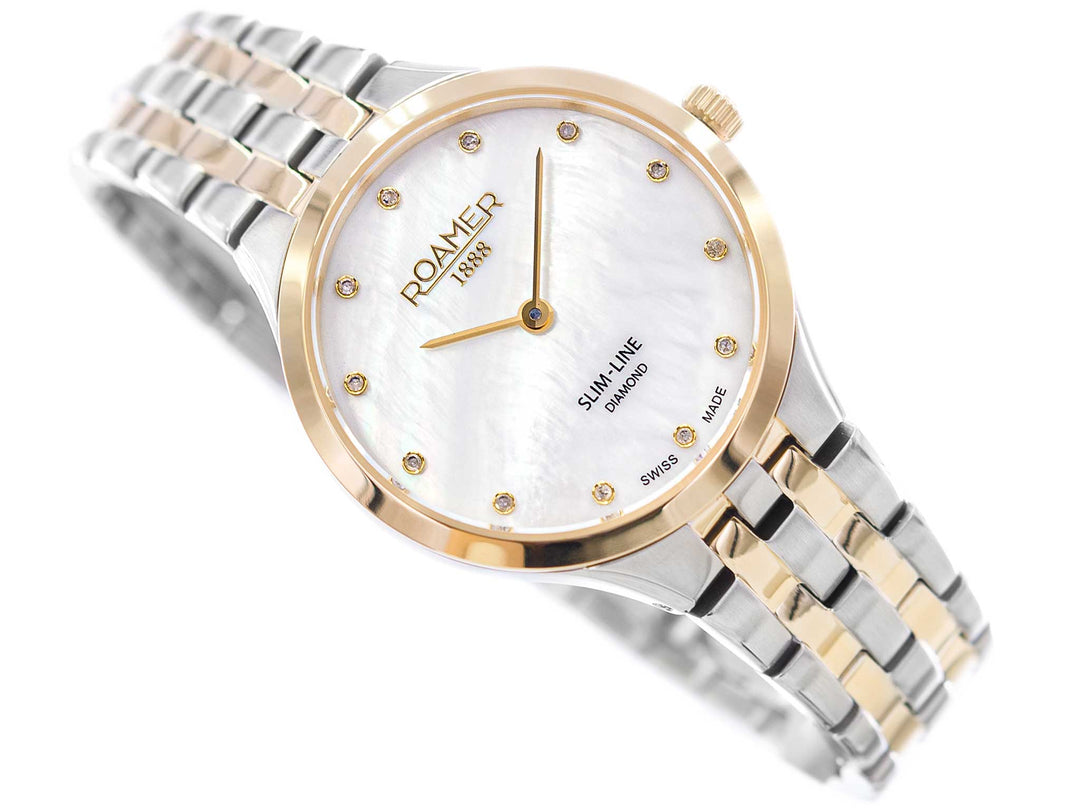 Roamer 512847 47 89 20  Slim Line Classic Ladies White MOP Diamond Dial Yellow Gold Bi Colour Bracelet Women's Watch