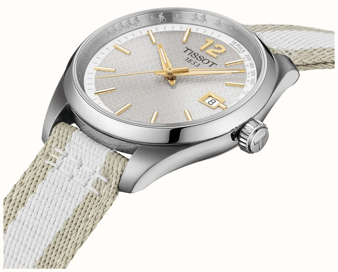 Tissot T1504101703700 PR 100 Cycling Quartz (40mm) Patterned Grey Dial  White & Beige Textile Strap Men's Watch