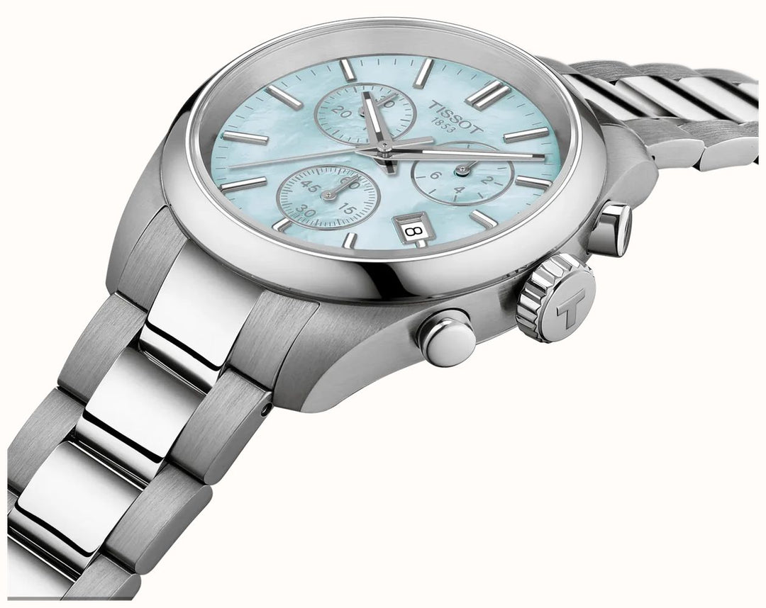 Tissot T1502171113100 PR 100 Quartz Chronograph (36mm) Light Blue Mother of Pearl Dial Stainless Steel Bracelet Women's Watch