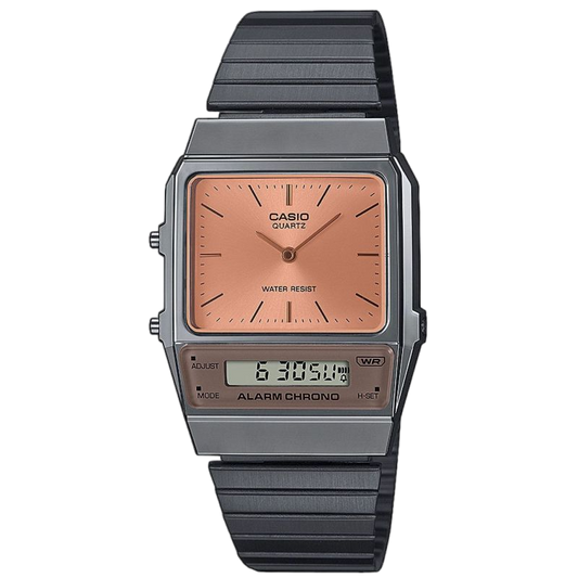 Casio  AQ-800ECGG-4AEF Dual Time Display Vintage Orange Dial Black IP Stainless Steel Bracelet Men & Women Watches