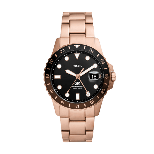 Fossil  FS6027 Blue 42mm Black Dial Rose Gold Tone Stainless Steel Bracelet Men's Watch