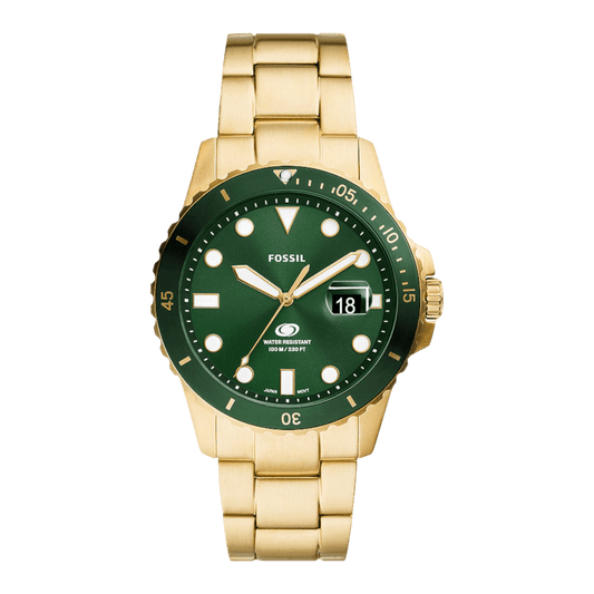 Fossil FS6030 Blue 42mm Green Dial Gold Tone Stainless Steel Bracelet Men's Watch