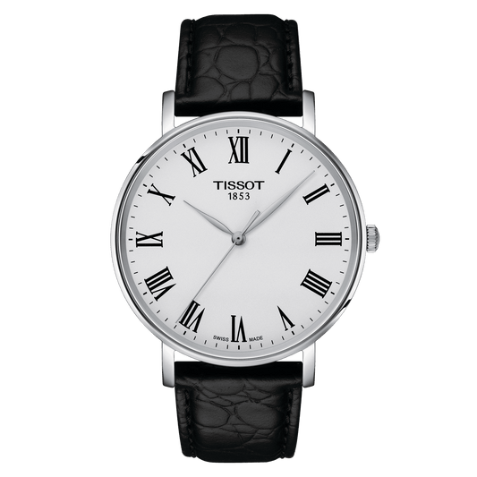 Tissot Everytime 40mm Silver Dial Black Leather Strap Men's Watch