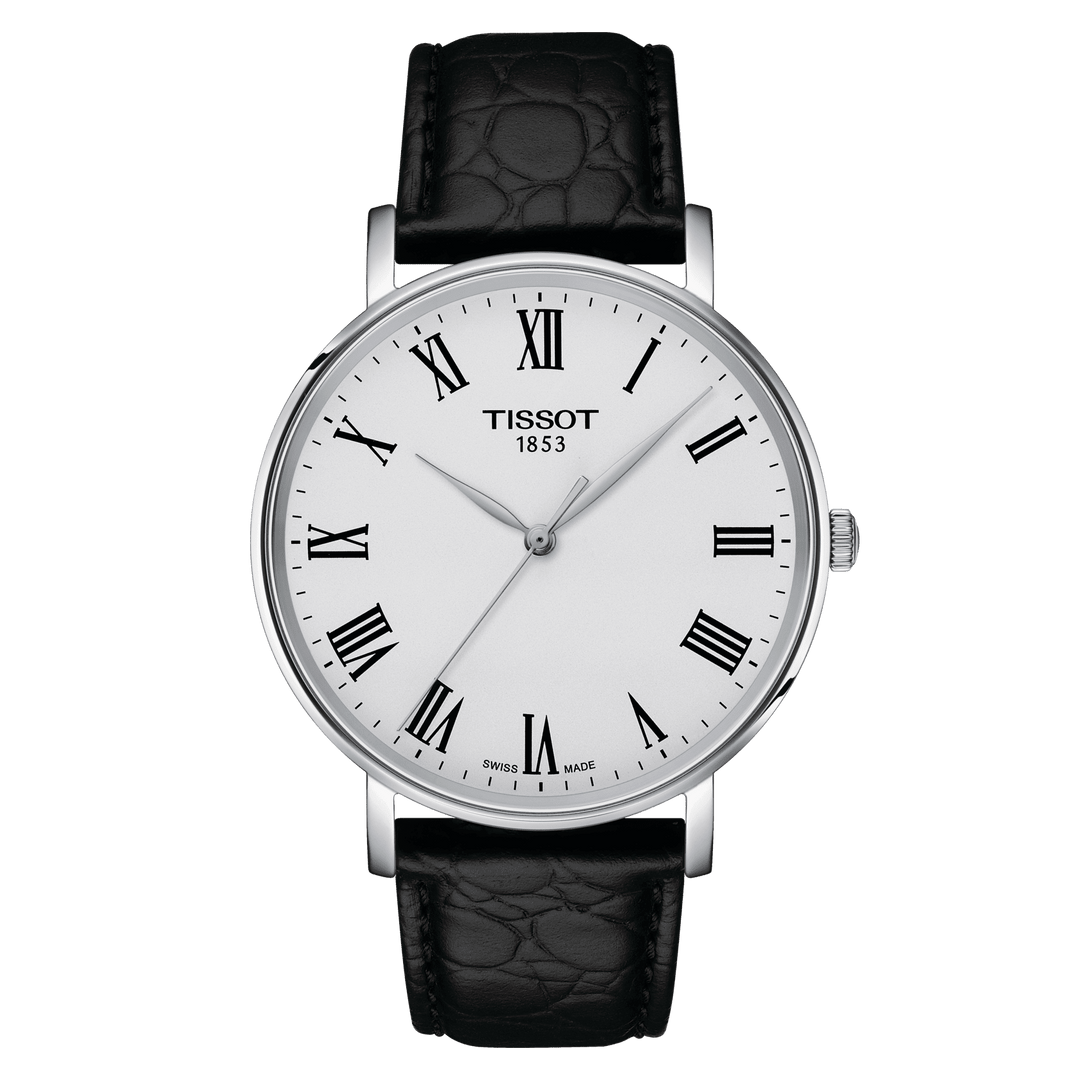 Tissot Everytime 40mm Silver Dial Black Leather Strap Men's Watch