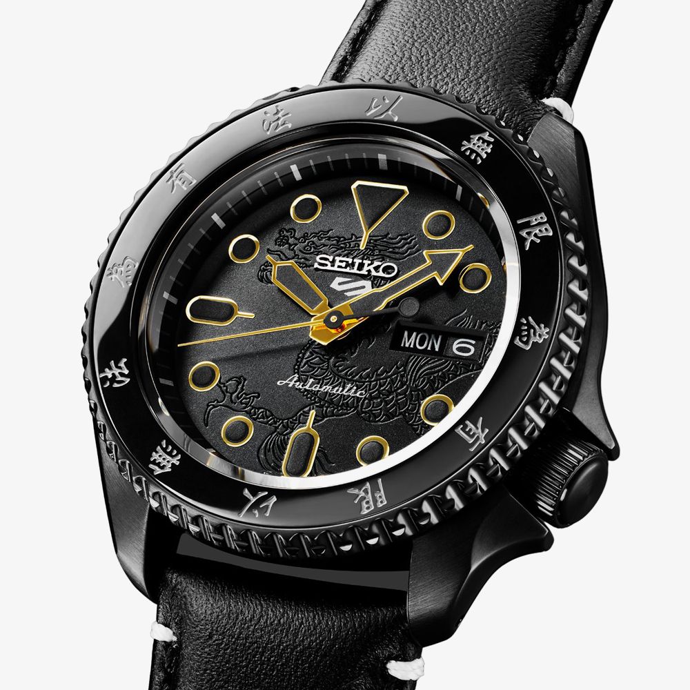 Seiko 5 Sports SRPK39K1 Sports x Bruce Lee Limited Edition 42.5mm Black Dial Black Leather + Yellow Nylon Men's Watch