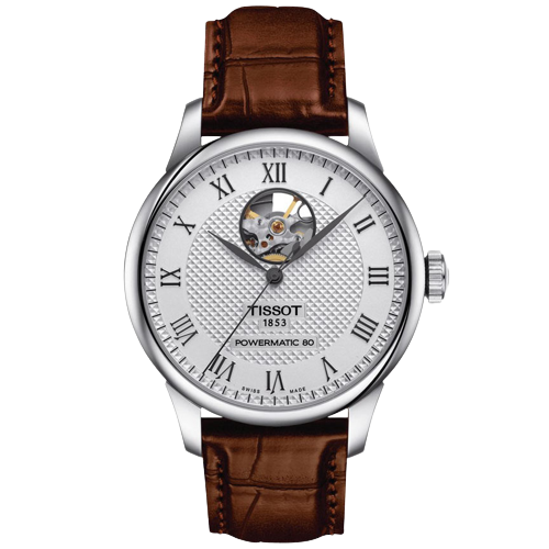 Tissot T0064071603301 Le Locle Powermatic 80 Silver Open Heart Dial Brown Leather Strap  Men's Watch
