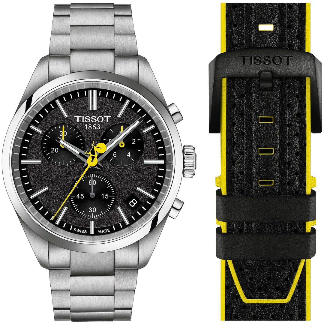 Tissot T1504171105100 PR 100 Tour de France 2024 40mm Black Chronograph Dial Stainless Steel and Black Strap Set Men's Watch