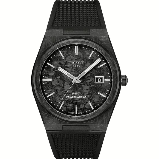 Tissot  T1379079720100  PRX Forged Carbon Powermatic 80 40.5mm Black Carbon Dial  Black Rubber Strap Men's Watch