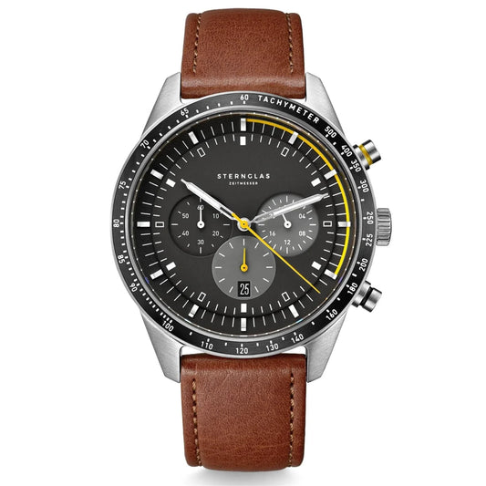 STERNGLAS S01-TY03-MO11 Tachymeter 43mm Quartz Black Brown Leather Men's Watch - mzwatcheslk srilanka