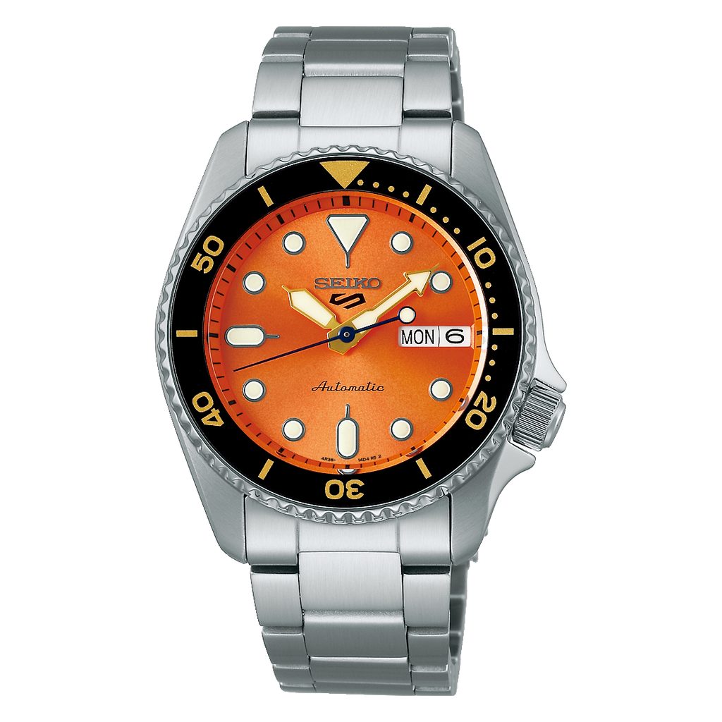 Seiko 5 SRPK35K1 Sports SKX ‘Midi’ 38mm Orange Stainless Steel Bracelet Men's Watch - mzwatcheslk srilanka