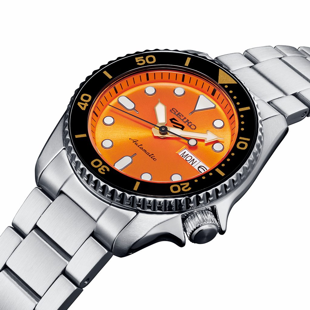 Seiko 5 SRPK35K1 Sports SKX ‘Midi’ 38mm Orange Stainless Steel Bracelet Men's Watch - mzwatcheslk srilanka