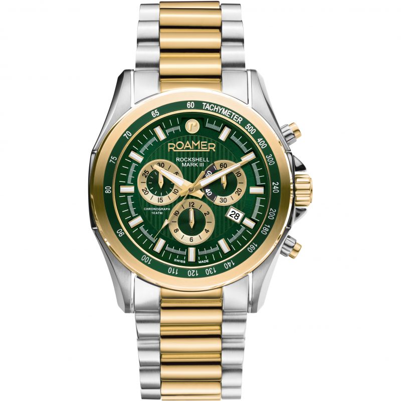 Roamer 220837 48 75 20 Rockshell Mark III Chrono Green Dial Gold IP Bi Colour Bracelet Men's Watch - mzwatcheslk srilanka