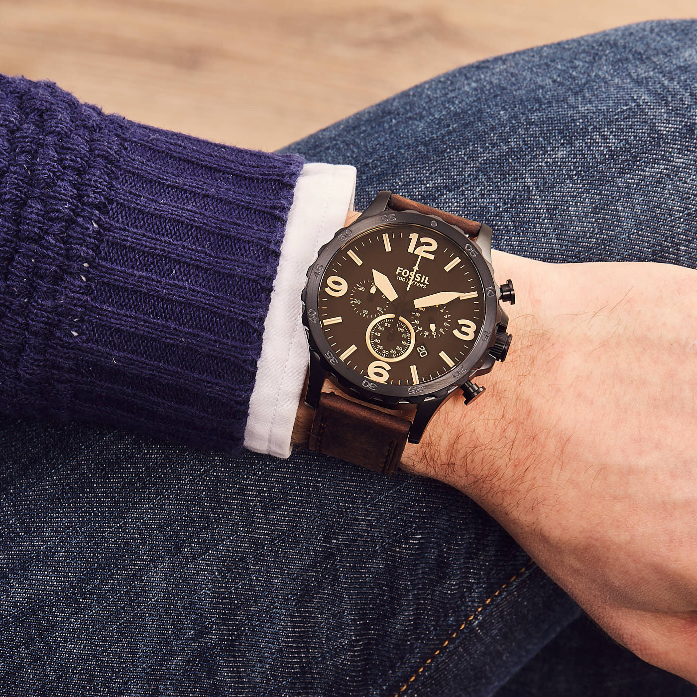 Fossil JR1487 Nate Brown Chronograph Dial Brown Leather Strap