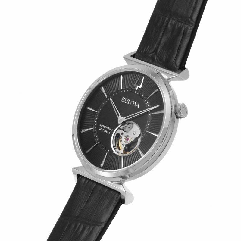 Bulova 96A234 Regatta Auto Black Dial Black Leather Strap Men's Watch - mzwatcheslk srilanka