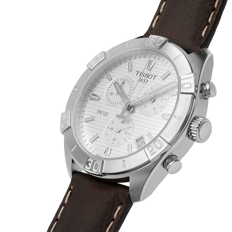 Tissot T1016171603100 PR100 Sport Chronograph Silver Dial Brown Leather Strap Men’s Watch - mzwatcheslk srilanka