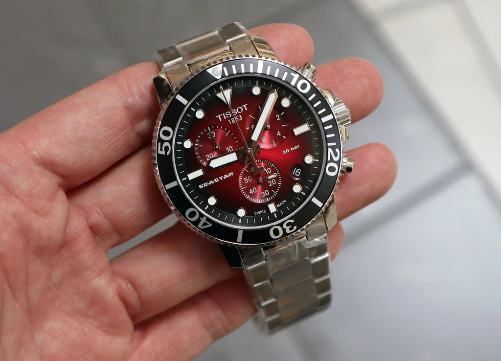 Tissot  T1204171142100 Seastar 1000 Chronograph Red Dial Stainless Steel Men's Watch - mzwatcheslk srilanka