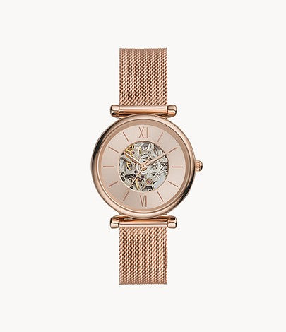 Fossil Carlie Women's Automatic Rose Gold Open Heart Dial Rose Gold Steel Mesh Bracelet E3175 Watch - mzwatcheslk srilanka