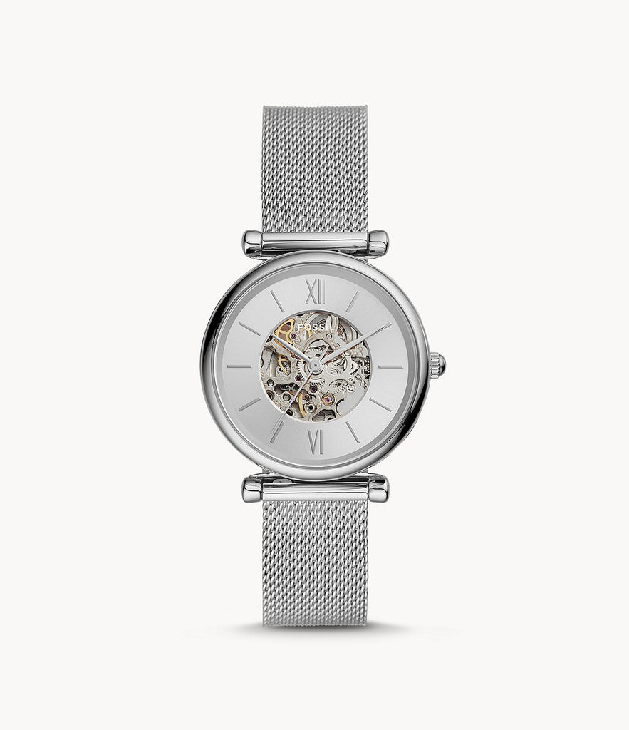 Fossil Carlie ME3176 Automatic Silver Open Heart Dial Steel Mesh 