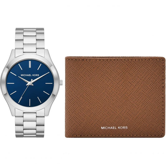 Michael Kors MK1060SET Slim Runway Blue Dial Steel Matching Wallet Men's Watch - mzwatcheslk srilanka