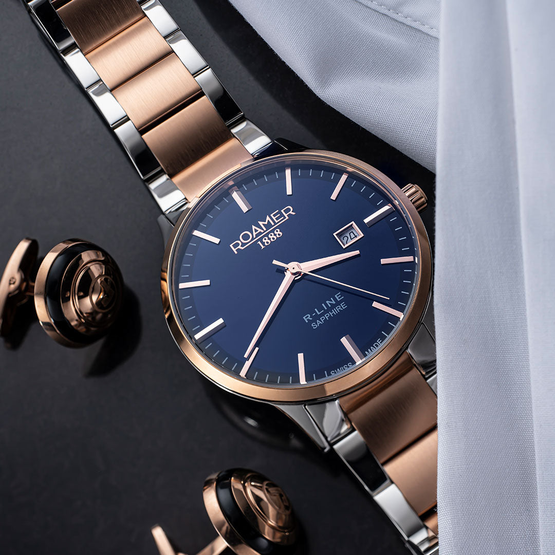 Roamer 718833 47 45 70 R-Line Classic Blue Dial Rose Gold Bi-Colour Bracelet Men's Watch - mzwatcheslk srilanka