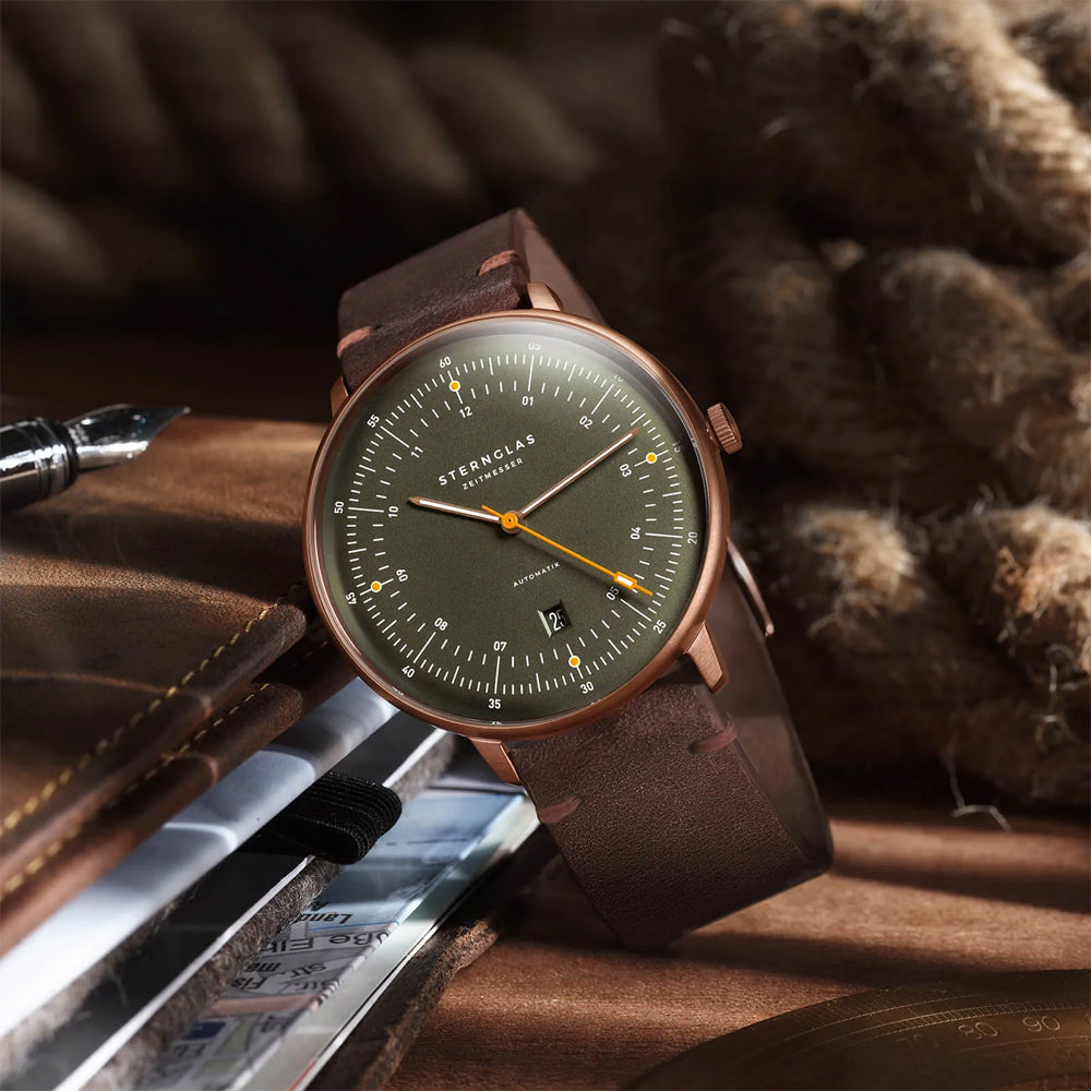 STERNGLAS S02-HHR19-VI17 Limited Edition Hamburg Automatic Bronze Green Leather Men's Watch - mzwatcheslk srilanka