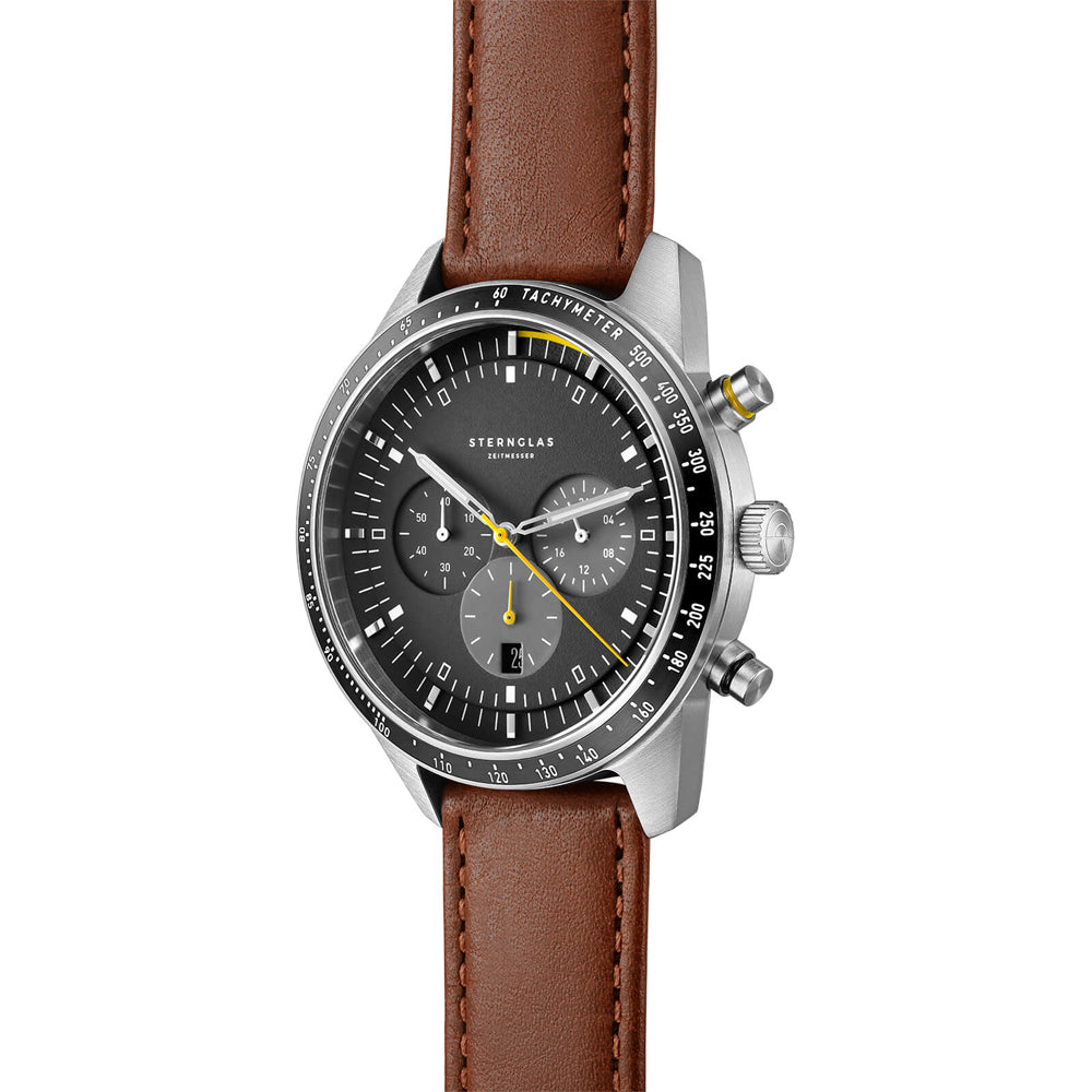 STERNGLAS S01-TY03-MO11 Tachymeter 43mm Quartz Black Brown Leather Men's Watch - mzwatcheslk srilanka