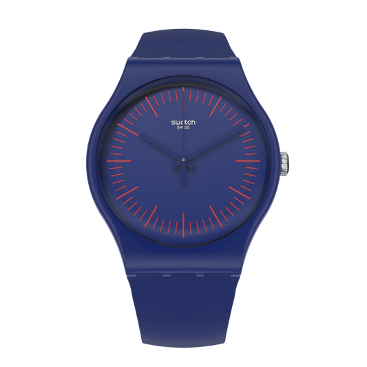 Swatch SUON146 BLUENRED Blue & Red Silicone Strap Blue Dial Red Markers Men's Watch - mzwatcheslk srilanka