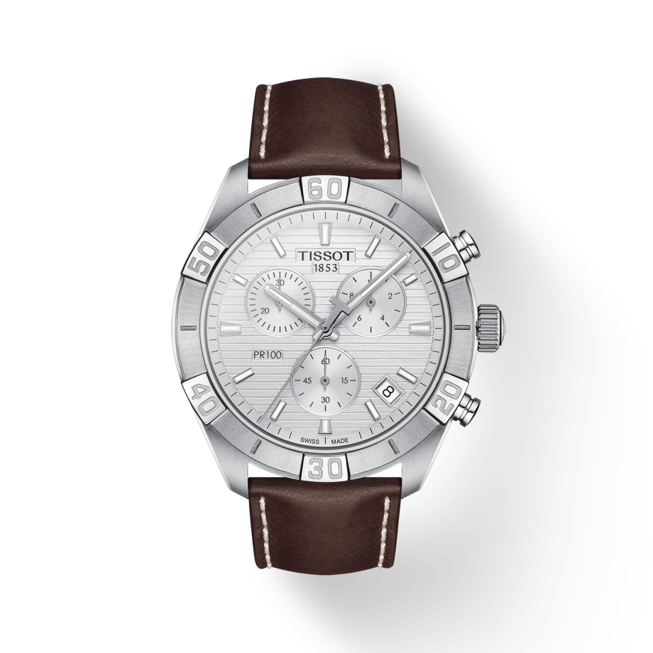 Tissot T1016171603100 PR100 Sport Chronograph Silver Dial Brown Leather Strap Men’s Watch - mzwatcheslk srilanka