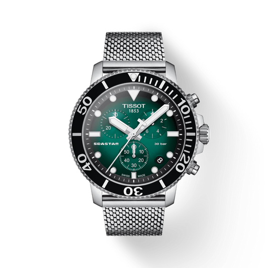 Tissot T1204171109100 Seastar 1000 Chronograph Green Dial Stainless Mesh Men's Watch - mzwatcheslk srilanka
