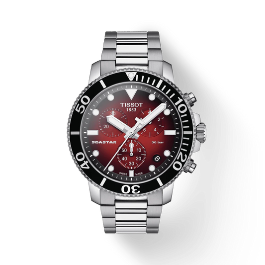 Tissot  T1204171142100 Seastar 1000 Chronograph Red Dial Stainless Steel Men's Watch - mzwatcheslk srilanka