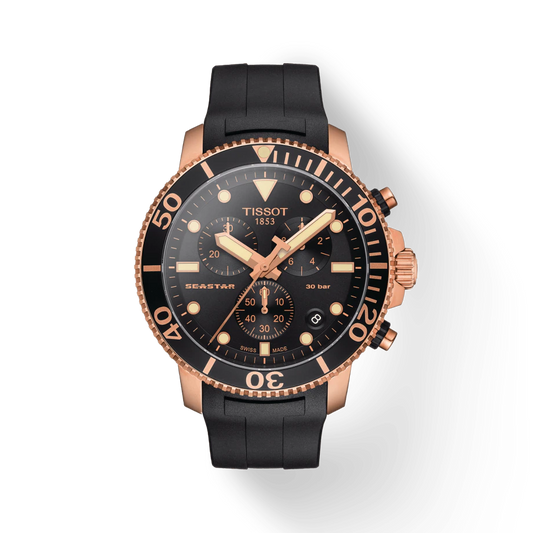 Tissot T1204173705100 Seastar 1000 Quartz Chronograph Black/Gold/Rubber Strap Men's Watch - mzwatcheslk srilanka