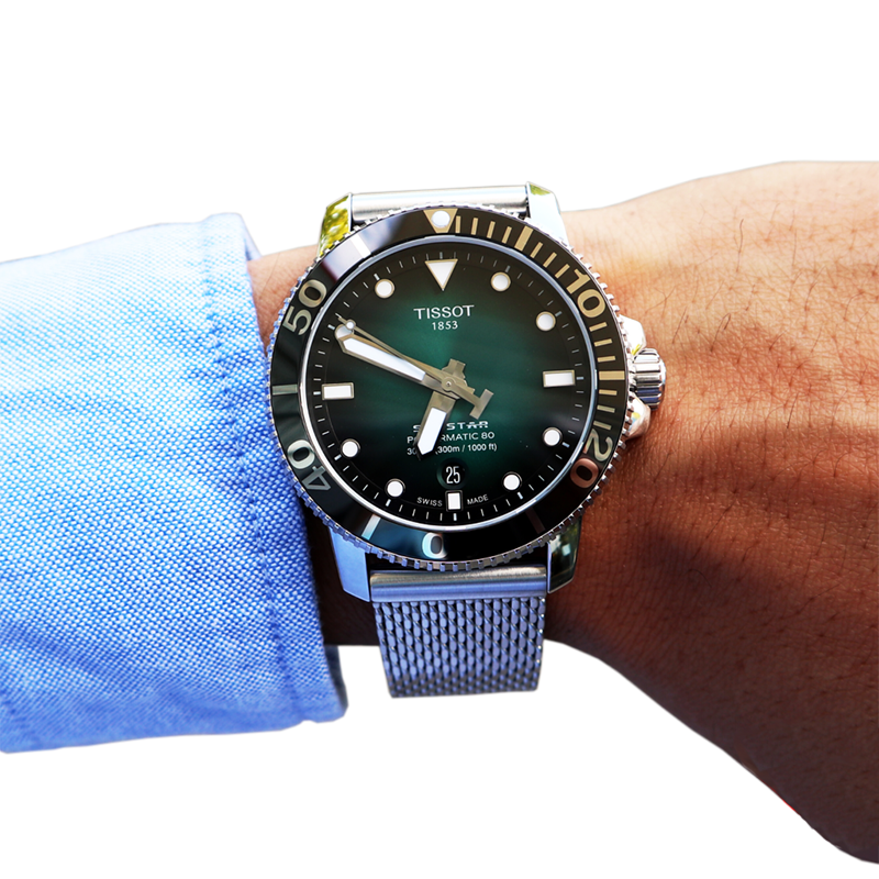 Tissot T1204071109100 Seastar 1000 Powermatic 80 Green Dial Stainless Mesh Men's Watch - mzwatcheslk srilanka