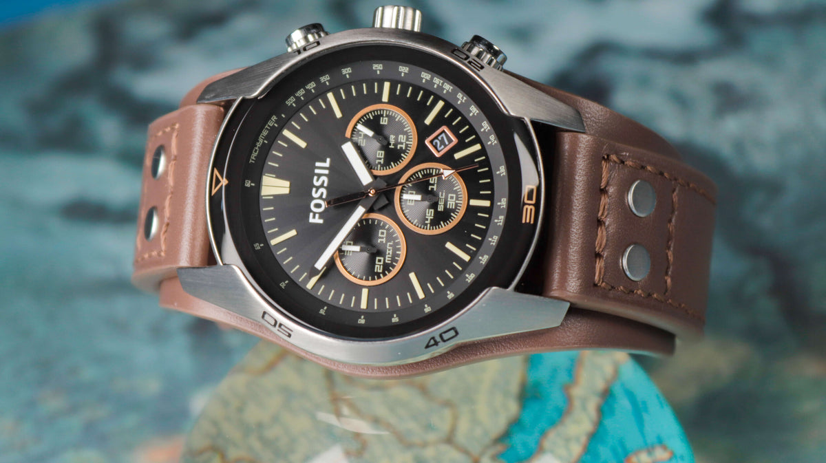 Fs Ch2891 Fossil CH2891 Coachman Black Chronograph Dial Brown Leather Cuff Strap ...