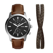 Fossil FS5967SET Townsman Giftset Black Chrono Dial Brown Leather Strap Braided Brown Leather Bracelet Men's Watch - mzwatcheslk srilanka