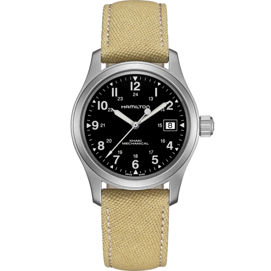 Hamilton H69439933 Khaki Field Officer Handwinding Beige Strap Black Dial Men's Watch - mzwatcheslk srilanka