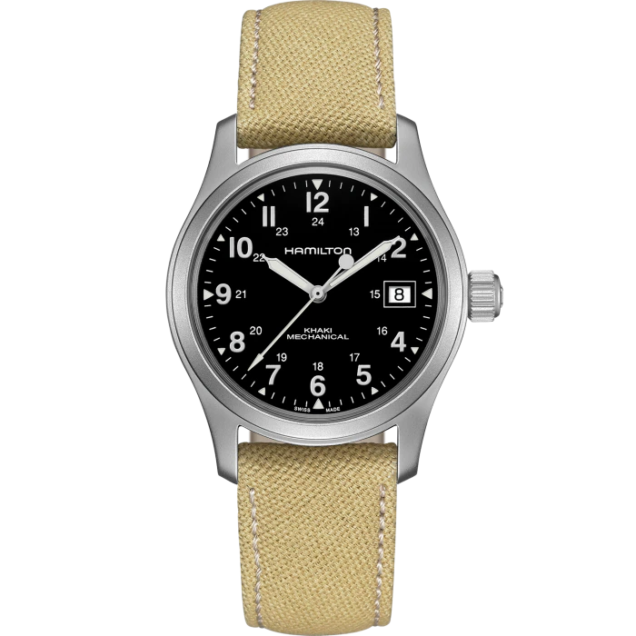 Hamilton H69439933 Khaki Field Officer Handwinding Beige Strap Black Dial Men's Watch - mzwatcheslk srilanka