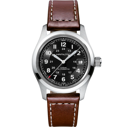 Hamilton H70455533 Hamilton Khaki Field 38mm Automatic Black Dial Brown Strap Men's Watch - mzwatcheslk srilanka