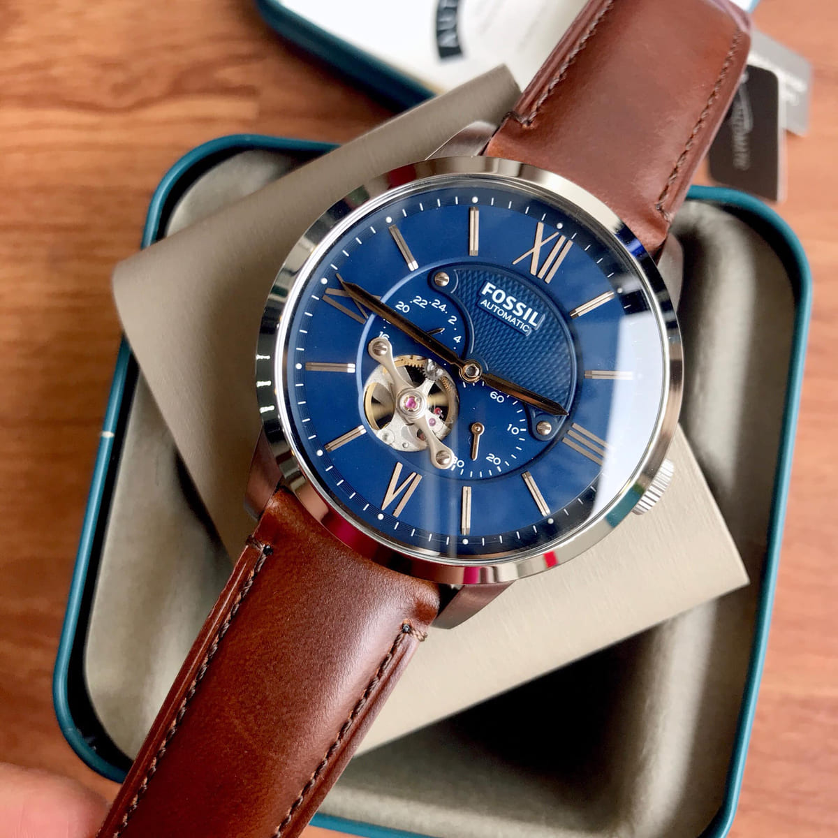 Fossil ME3110  Townsman Automatic  Blue Dial  Brown Leather Strap Men's Watch - mzwatcheslk srilanka