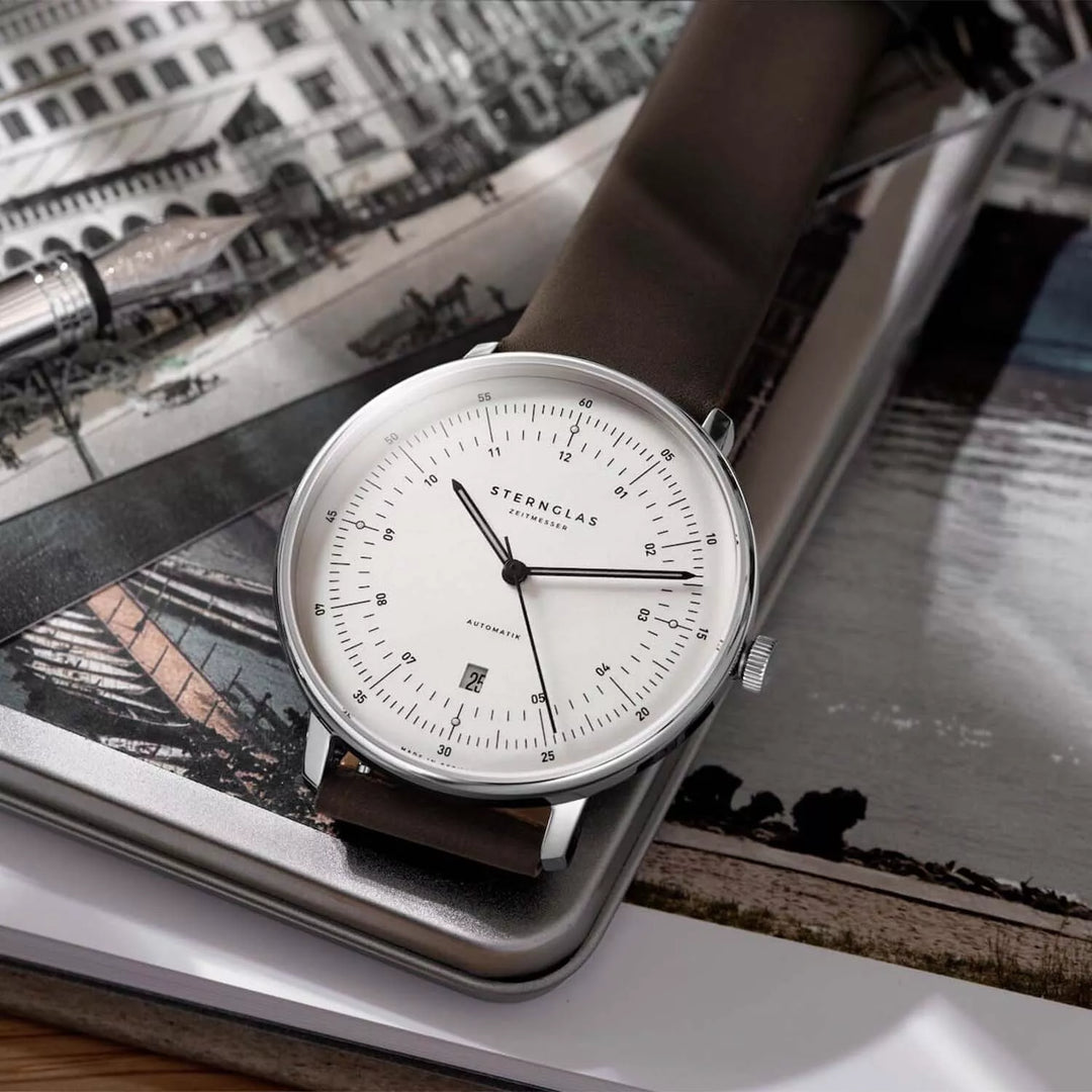 STERNGLAS S02-HH10-VI11 Hamburg Automatic White Dial Brown Leather Strap Men's Watch - mzwatcheslk srilanka