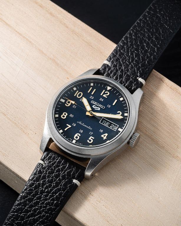 Seiko 5 military hot sale leather strap