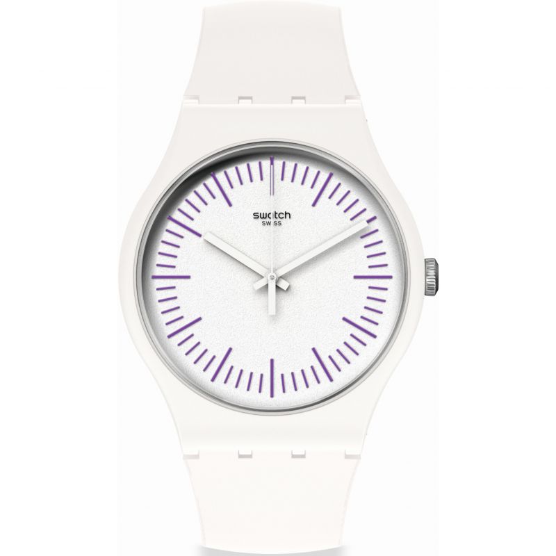 Swatch SUOW173 WHITENPURPLE White & Purple Silicone Strap White Dial Purple Markers Women's Watch - mzwatcheslk srilanka