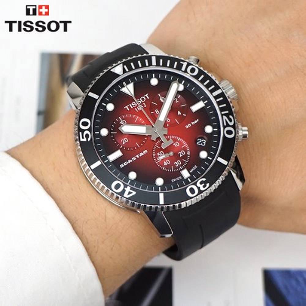 Tissot T1204171742100 Seastar 1000 Chronograph Red Dial  Black Silicone Strap Men's Watch - mzwatcheslk srilanka